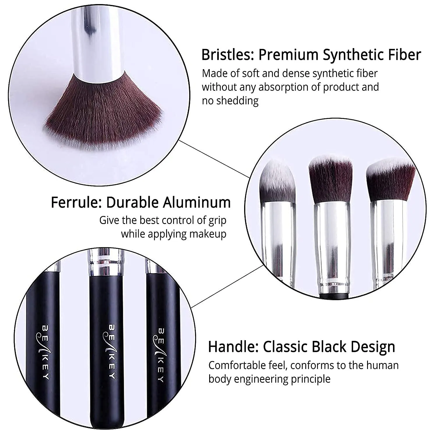 BEAKEY Makeup Brush Set, Premium Synthetic Foundation Face Powder Blush Eyeshadow Kabuki Brush Kit, Makeup Brushes with Makeup Sponge and Brush Cleaner (10 2pcs, Black/Silver)