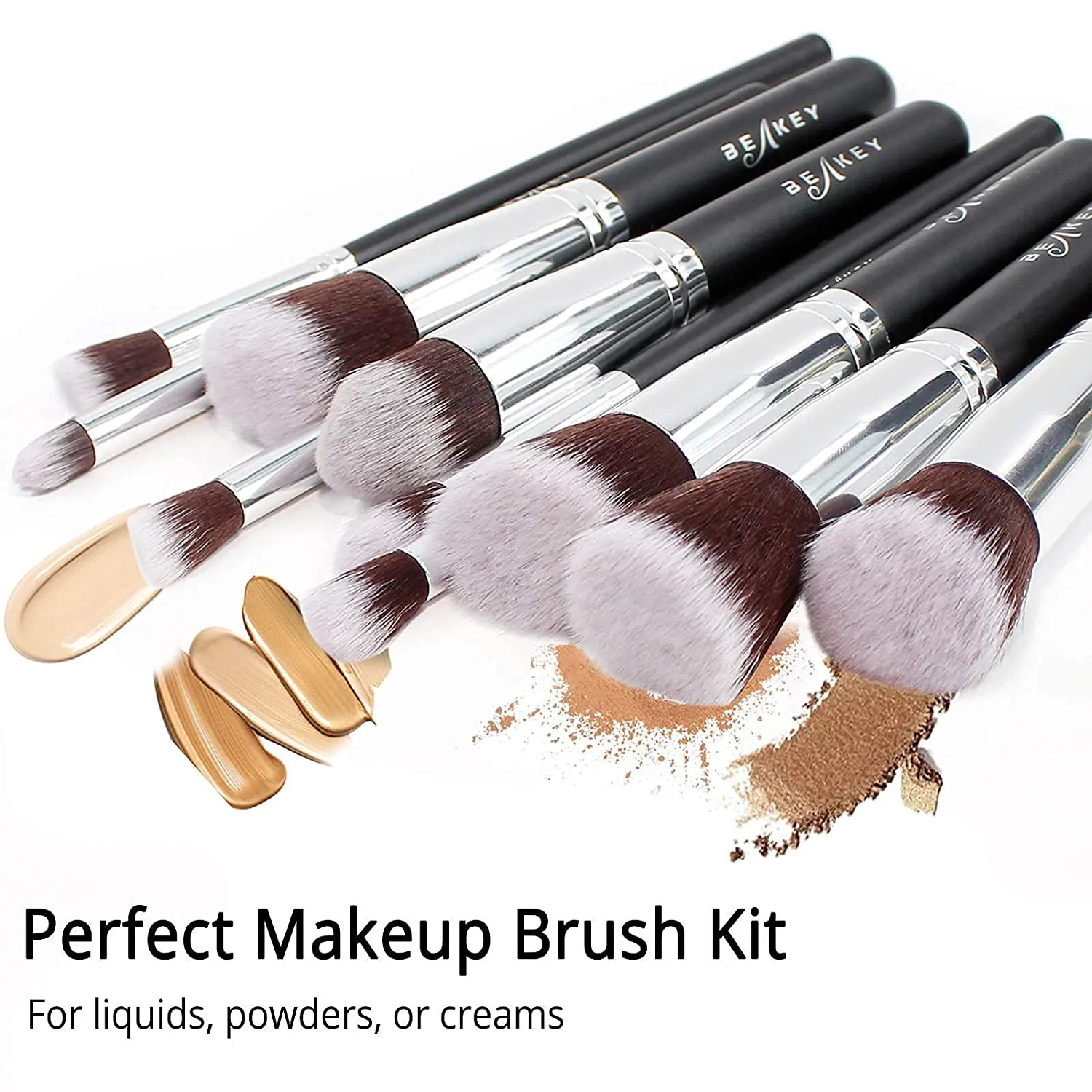BEAKEY Makeup Brush Set, Premium Synthetic Foundation Face Powder Blush Eyeshadow Kabuki Brush Kit, Makeup Brushes with Makeup Sponge and Brush Cleaner (10 2pcs, Black/Silver)