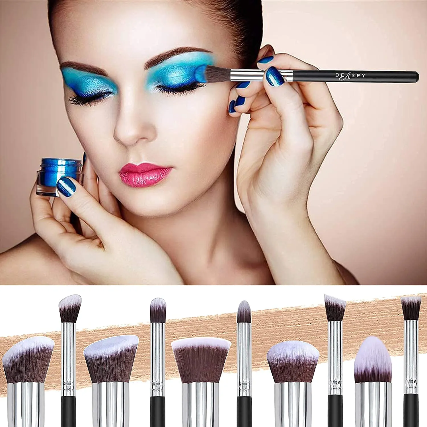 BEAKEY Makeup Brush Set, Premium Synthetic Foundation Face Powder Blush Eyeshadow Kabuki Brush Kit, Makeup Brushes with Makeup Sponge and Brush Cleaner (10 2pcs, Black/Silver)