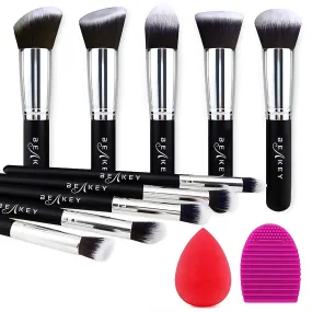 BEAKEY Makeup Brush Set, Premium Synthetic Foundation Face Powder Blush Eyeshadow Kabuki Brush Kit, Makeup Brushes with Makeup Sponge and Brush Cleaner (10 2pcs, Black/Silver)