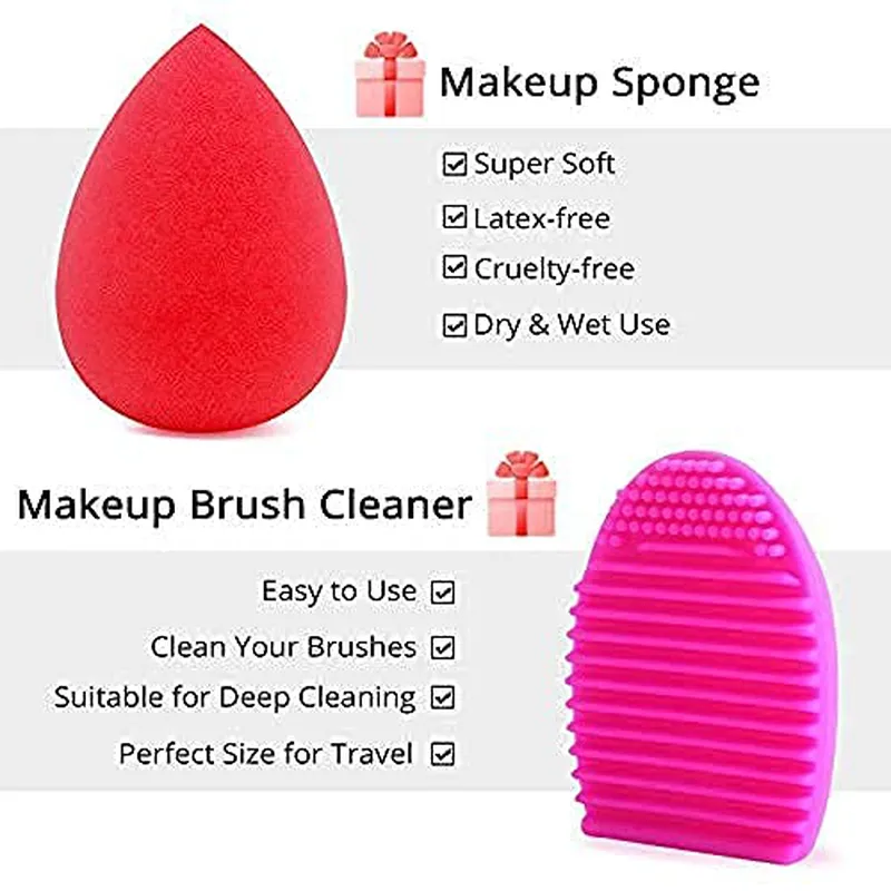 BEAKEY Makeup Brush Set, Premium Synthetic Foundation Face Powder Blush Eyeshadow Kabuki Brush Kit, Makeup Brushes with Makeup Sponge and Brush Cleaner (10 2pcs, Black/Silver)