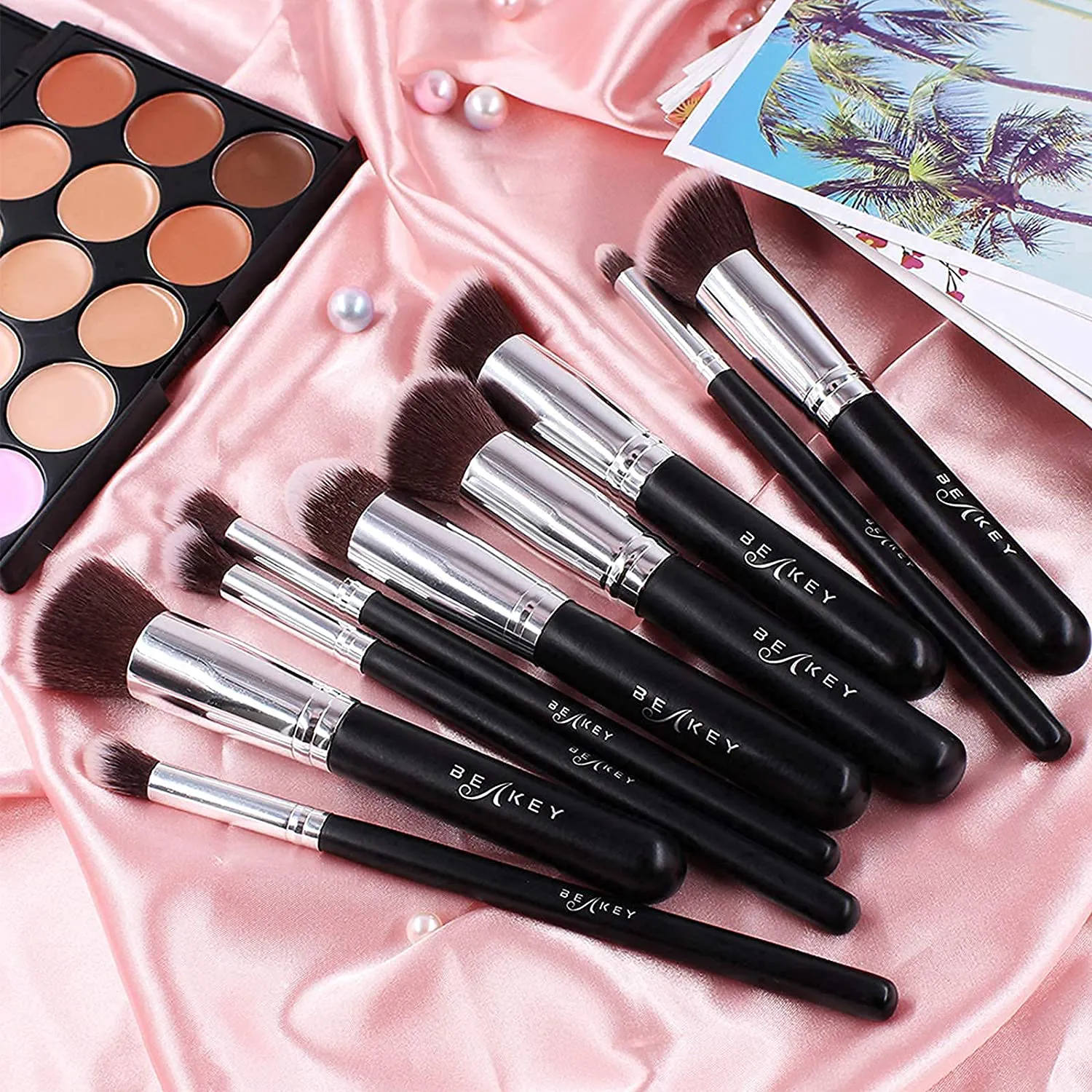 BEAKEY Makeup Brush Set, Premium Synthetic Foundation Face Powder Blush Eyeshadow Kabuki Brush Kit, Makeup Brushes with Makeup Sponge and Brush Cleaner (10 2pcs, Black/Silver)