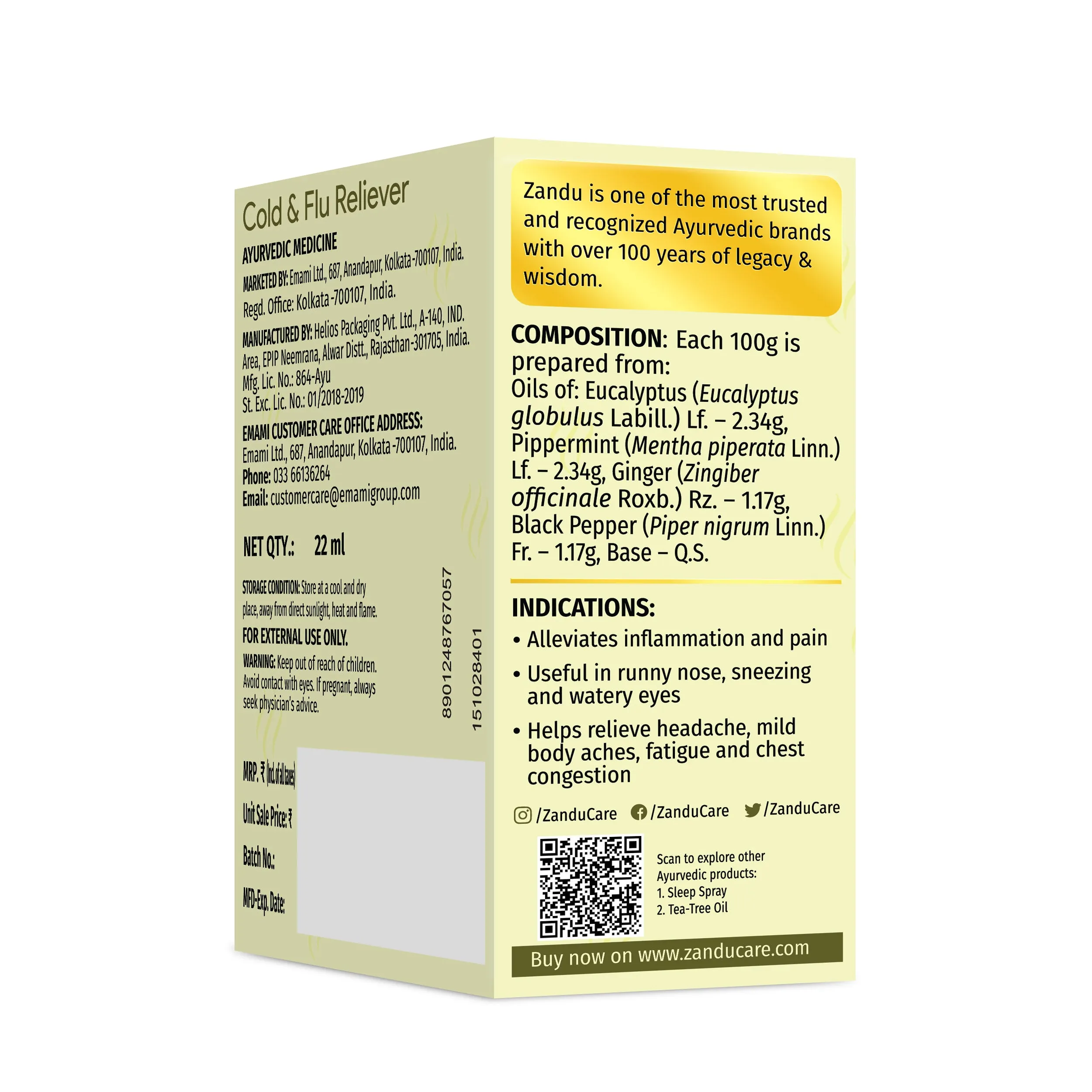 Zandu Cold & Flu Nasal Reliever Spray for Cold, Sinus & Allergies (22ml)